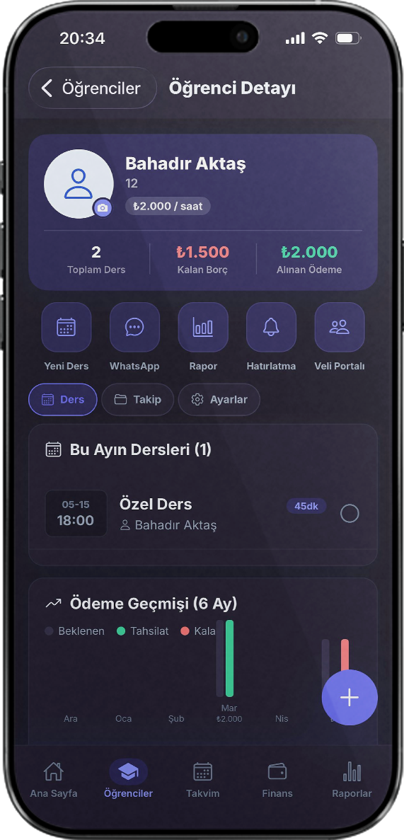 Dersio öğrenci detayı — kazanç, dersler ve ödeme geçmişi
